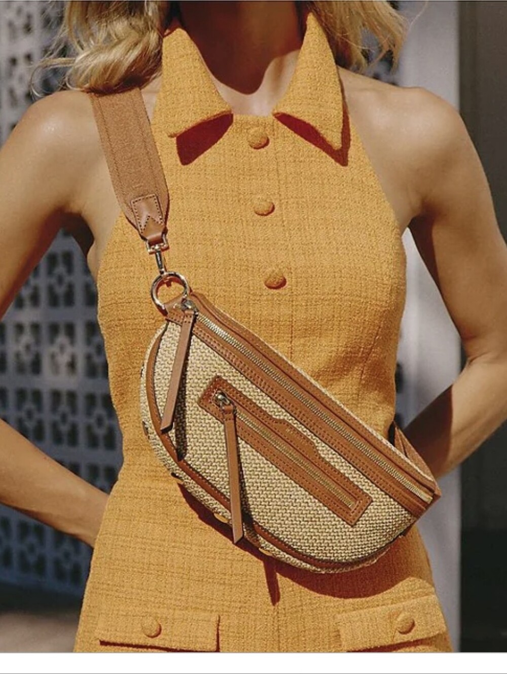 Hammitt Charles Raffia Medium Sling Belt Bag Cocoa Raffia